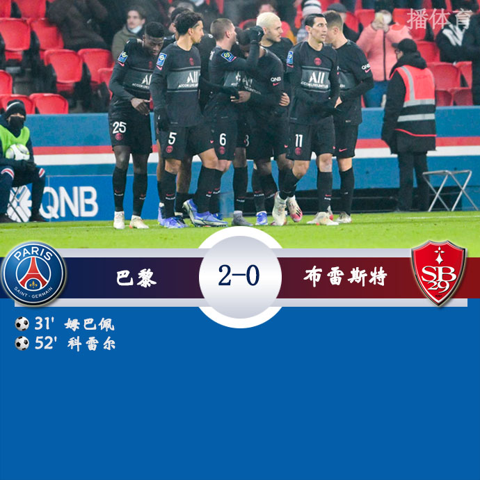 法甲第21轮 巴黎圣日耳曼  2 - 0  布雷斯特